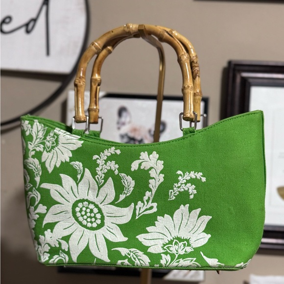 Kate Spade Green and White Floral Tote w rhinestones & Bamboo Handles - EUC Rare - Picture 5 of 16